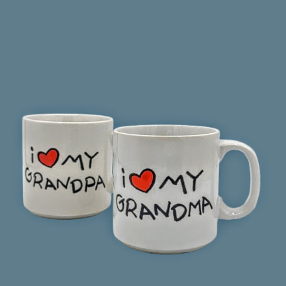 Russ Berrie I ❤️ My Grandma & Grandpa Mug Set Coffee Tea Collectible Gift Vtg